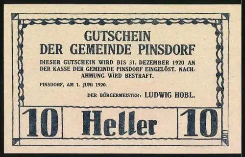 Notgeld Pinsdorf 1920, 10 Heller, Stadtansicht mit Kirche und Landschaft