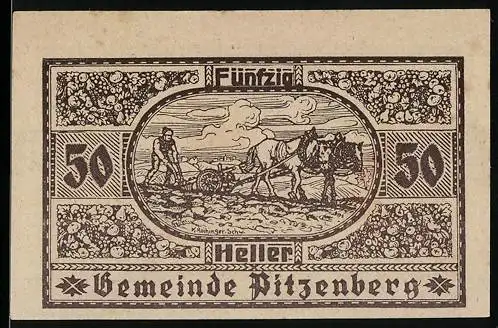 Notgeld Pitzenberg 1920, 50 Heller, Pflügende Bauern und florale Muster