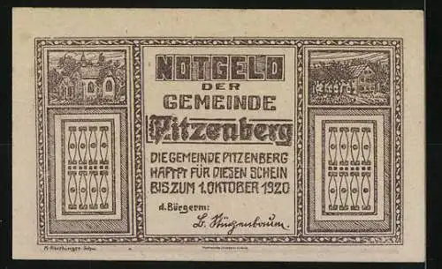 Notgeld Pitzenberg 1920, 50 Heller, Pflügende Bauern und florale Muster