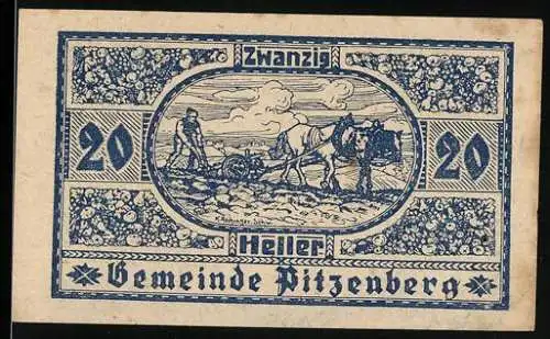 Notgeld Pitzenberg 1920, 20 Heller, Pflügende Bauern mit Pferd, florale Muster, Gemeindehaftung bis Oktober 1920