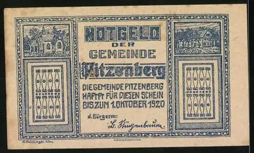 Notgeld Pitzenberg 1920, 20 Heller, Pflügende Bauern mit Pferd, florale Muster, Gemeindehaftung bis Oktober 1920