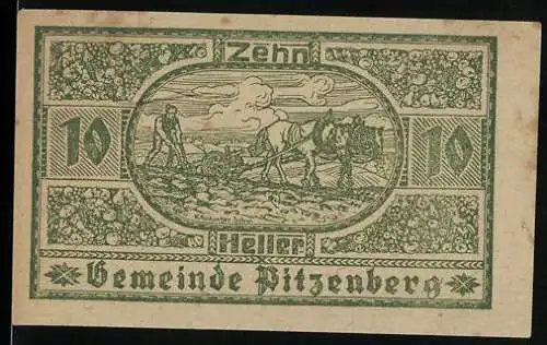 Notgeld Pitzenberg 1920, 10 Heller, Pflügende Bauern und florales Muster