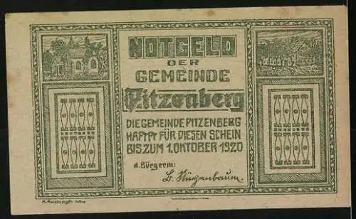 Notgeld Pitzenberg 1920, 10 Heller, Pflügende Bauern und florales Muster