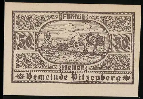 Notgeld Pitzenberg 1920, 50 Heller, Pflügende Bauern und Dorfansicht