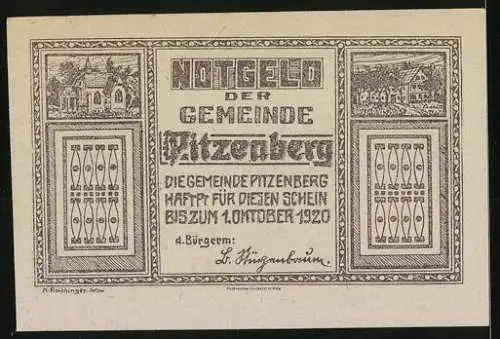 Notgeld Pitzenberg 1920, 50 Heller, Pflügende Bauern und Dorfansicht