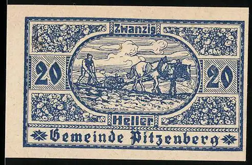 Notgeld Pitzenberg 1920, 20 Heller, Pflügende Bauern und Dorfansicht