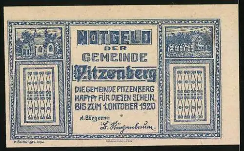 Notgeld Pitzenberg 1920, 20 Heller, Pflügende Bauern und Dorfansicht