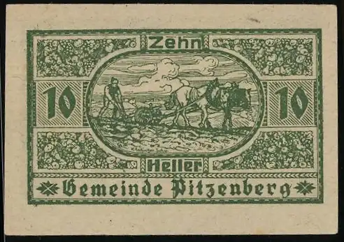 Notgeld Pitzenberg 1920, 10 Heller, Bauer mit Pferd und Pflug, ländliche Motive