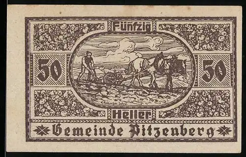 Notgeld Pitzenberg 1920, 50 Heller, Pflügende Bauern und Gebäudeillustrationen