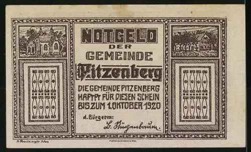 Notgeld Pitzenberg 1920, 50 Heller, Pflügende Bauern und Gebäudeillustrationen