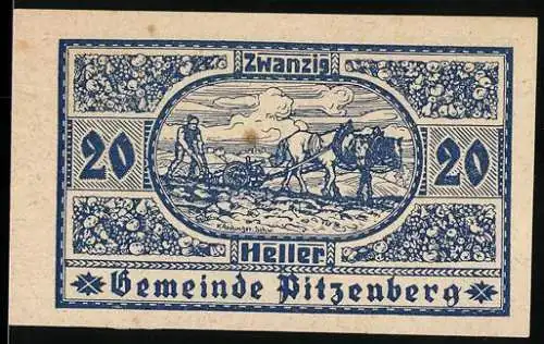 Notgeld Pitzenberg 1920, 20 Heller, Bauern mit Pflug und Häuseransicht