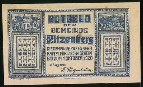 Notgeld Pitzenberg 1920, 20 Heller, Bauern mit Pflug und Häuseransicht