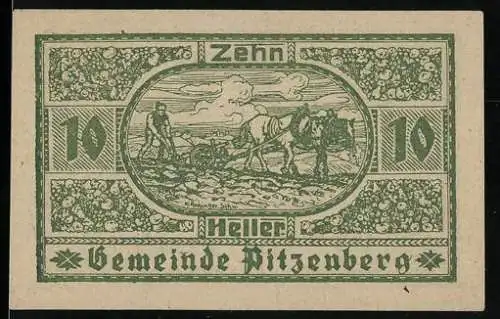 Notgeld Pitzenberg 1920, 10 Heller, Bauer mit Pflug und Pferd, ländliche Szenen, Garantie bis 1. Oktober 1920