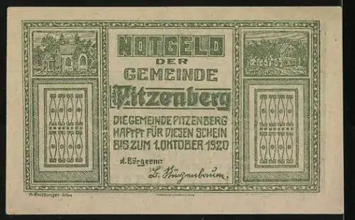 Notgeld Pitzenberg 1920, 10 Heller, Bauer mit Pflug und Pferd, ländliche Szenen, Garantie bis 1. Oktober 1920