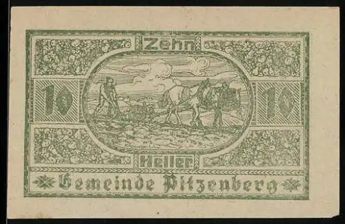 Notgeld Pitzenberg 1920, 10 Heller, Pflügender Bauer und florale Muster