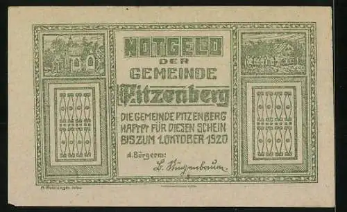 Notgeld Pitzenberg 1920, 10 Heller, Pflügender Bauer und florale Muster