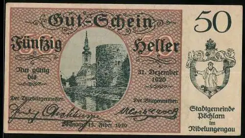 Notgeld Pöchlarn 1920, 50 Heller, Stadtszene mit Kirche und Turm, Wappen der Stadtgemeinde im Nibelungengau