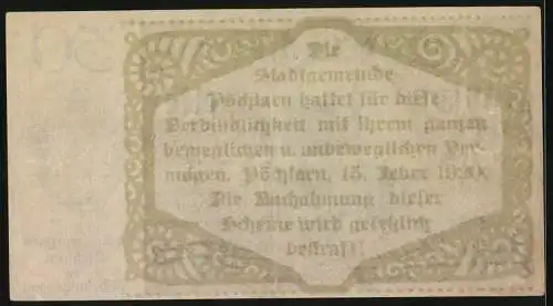 Notgeld Pöchlarn 1920, 50 Heller, Stadtszene mit Kirche und Turm, Wappen der Stadtgemeinde im Nibelungengau