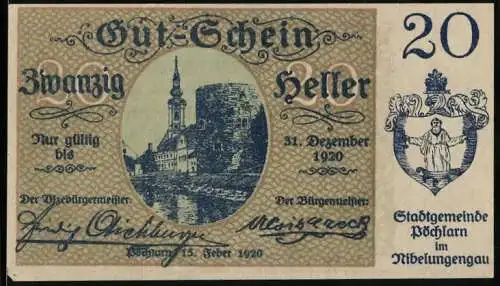 Notgeld Pöchlarn 1920, 20 Heller, Stadtansicht und Wappen der Stadtgemeinde Nibelungengau