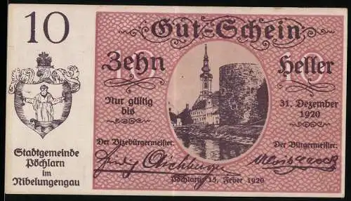 Notgeld Pöchlarn 1920, 10 Heller, Stadtansicht mit Burg und Kirche, Wappen der Stadtgemeinde