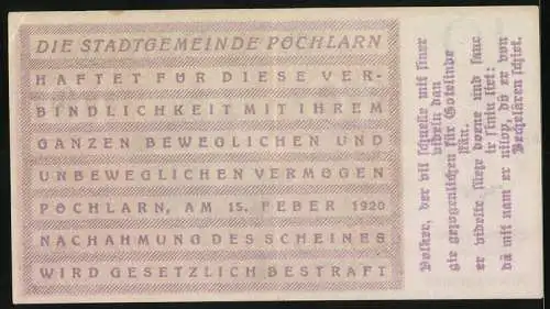 Notgeld Pöchlarn 1920, 10 Heller, Stadtansicht mit Burg und Kirche, Wappen der Stadtgemeinde