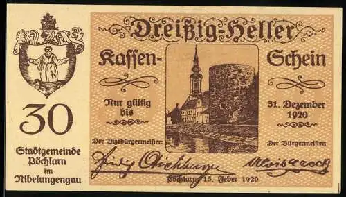 Notgeld Pöchlarn 1920, 30 Heller, Stadtansicht mit Turm und Fluss, Wappen, Seriennummer