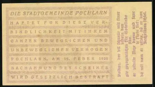 Notgeld Pöchlarn 1920, 30 Heller, Stadtansicht mit Turm und Fluss, Wappen, Seriennummer