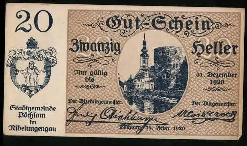 Notgeld Pöchlarn 1920, 20 Heller, Kirche und Burg, Wappen der Stadtgemeinde, Gültig bis 31. Dezember 1920