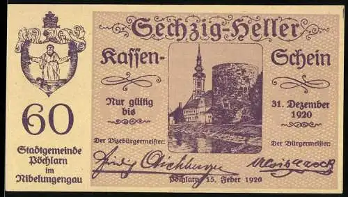 Notgeld Pöchlarn 1920, 60 Heller, Stadtansicht mit Kirche und Turm, Wappen, Unterschriften