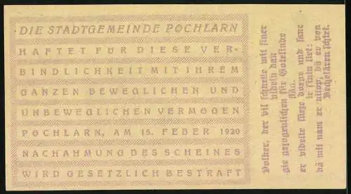 Notgeld Pöchlarn 1920, 60 Heller, Stadtansicht mit Kirche und Turm, Wappen, Unterschriften