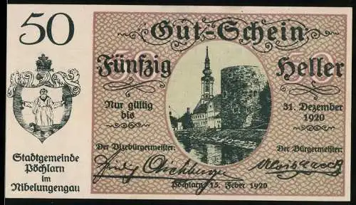 Notgeld Pöchlarn 1920, 50 Heller, Stadtansicht mit Kirche und Turm, Wappen der Stadt Pöchlarn