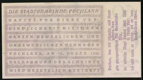 Notgeld Pöchlarn 1920, 50 Heller, Stadtansicht mit Kirche und Turm, Wappen der Stadt Pöchlarn