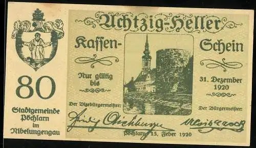 Notgeld Pöchlarn 1920, 80 Heller, Stadtansicht mit Kirche und Burgturm, Wappen und Unterschriften