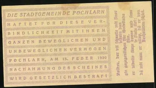 Notgeld Pöchlarn 1920, 80 Heller, Stadtansicht mit Kirche und Burgturm, Wappen und Unterschriften