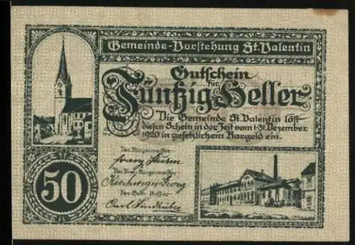 Notgeld St. Valentin 1920, 50 Heller, Kirche und Fabrikansicht, Verwaltungsgebäude