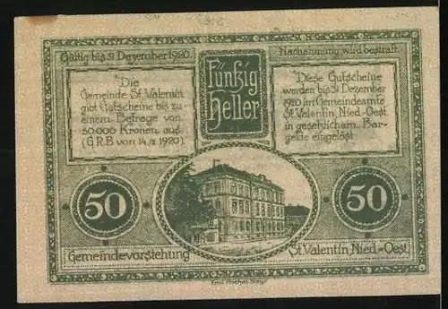 Notgeld St. Valentin 1920, 50 Heller, Kirche und Fabrikansicht, Verwaltungsgebäude