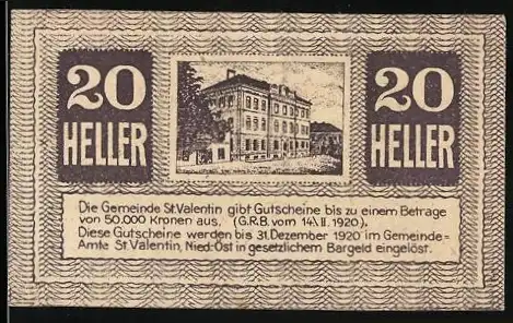 Notgeld St. Valentin 1920, 20 Heller, Gebäudemotiv und Texturdesign