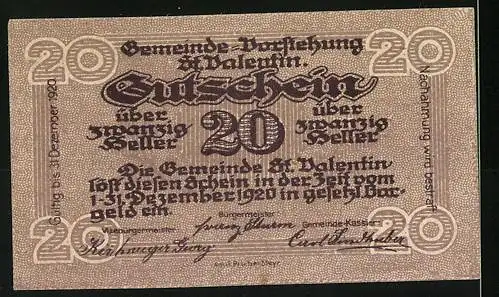 Notgeld St. Valentin 1920, 20 Heller, Gebäudemotiv und Texturdesign