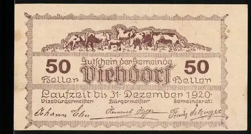 Notgeld Viehdorf 1920, 50 Heller, Rinderherde und Dorfansicht