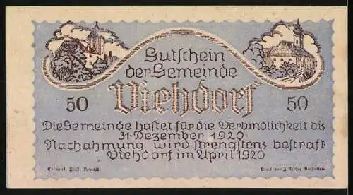 Notgeld Viehdorf 1920, 50 Heller, Rinderherde und Dorfansicht