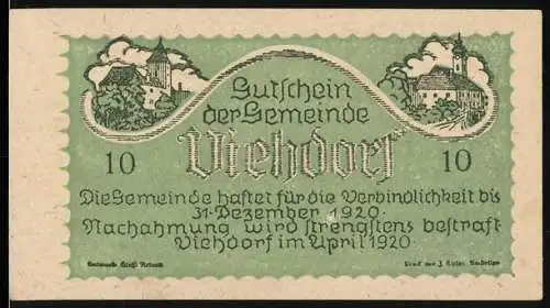 Notgeld Viehdorf 1920, 10 Heller, Dorfansicht und Viehherde, gültig bis 31. Dezember 1920