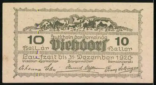 Notgeld Viehdorf 1920, 10 Heller, Dorfansicht und Viehherde, gültig bis 31. Dezember 1920