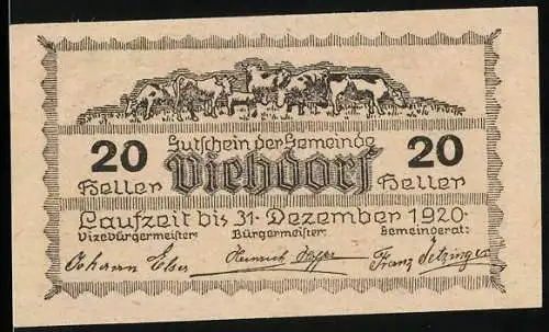 Notgeld Viehdorf 1920, 20 Heller, Bauernhof-Szene und Landschaftsansicht mit Kirche