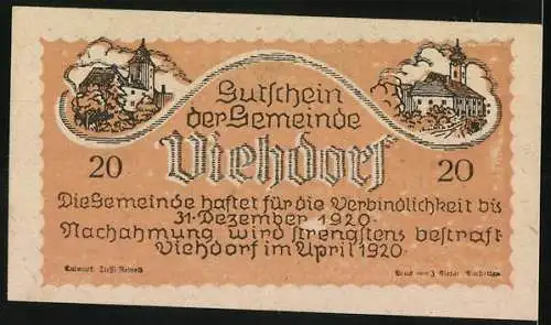 Notgeld Viehdorf 1920, 20 Heller, Bauernhof-Szene und Landschaftsansicht mit Kirche