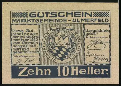 Notgeld Marktgemeinde Ulmerfeld 1920, 10 Heller, Landschaftsmotiv und Wappen