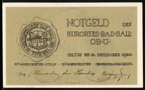 Notgeld Bad Hall 1920, 20 Heller, Rathaus und Wappen des Kurortes