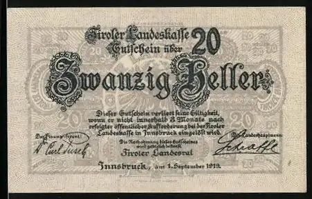 Notgeld Innsbruck 1919, 20 Heller, Wappen und verzierte Schriftzüge