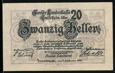 Notgeld Innsbruck 1919, 20 Heller, mit Adlerwappen und dekorativem Schriftzug, Seriennummer und Unterschriften