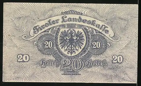 Notgeld Innsbruck 1919, 20 Heller, mit Adlerwappen und dekorativem Schriftzug, Seriennummer und Unterschriften