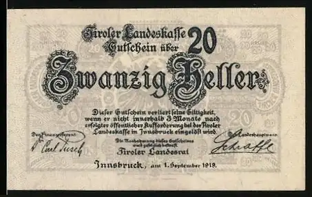 Notgeld Innsbruck 1919, 20 Heller, Tiroler Landeskasse mit Adlerwappen